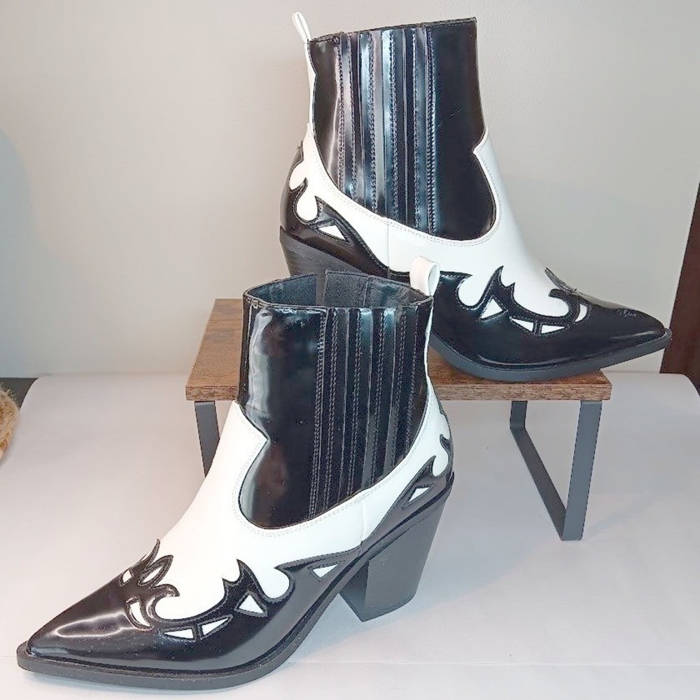 Western Ankle Boots Women 12 Black White Patent Pointed Toe Block Heel